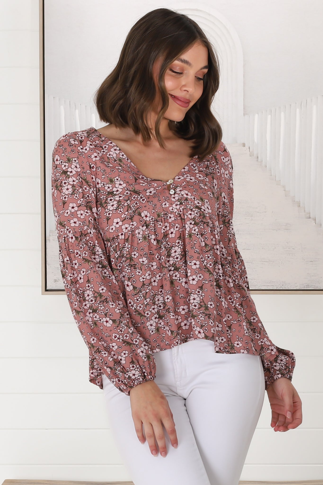 Grace Top - V-Neck Button Decal Long Sleeve Smock Top in Alayna Print Rose