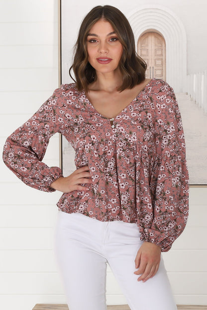 Grace Top - V-Neck Button Decal Long Sleeve Smock Top in Alayna Print Rose