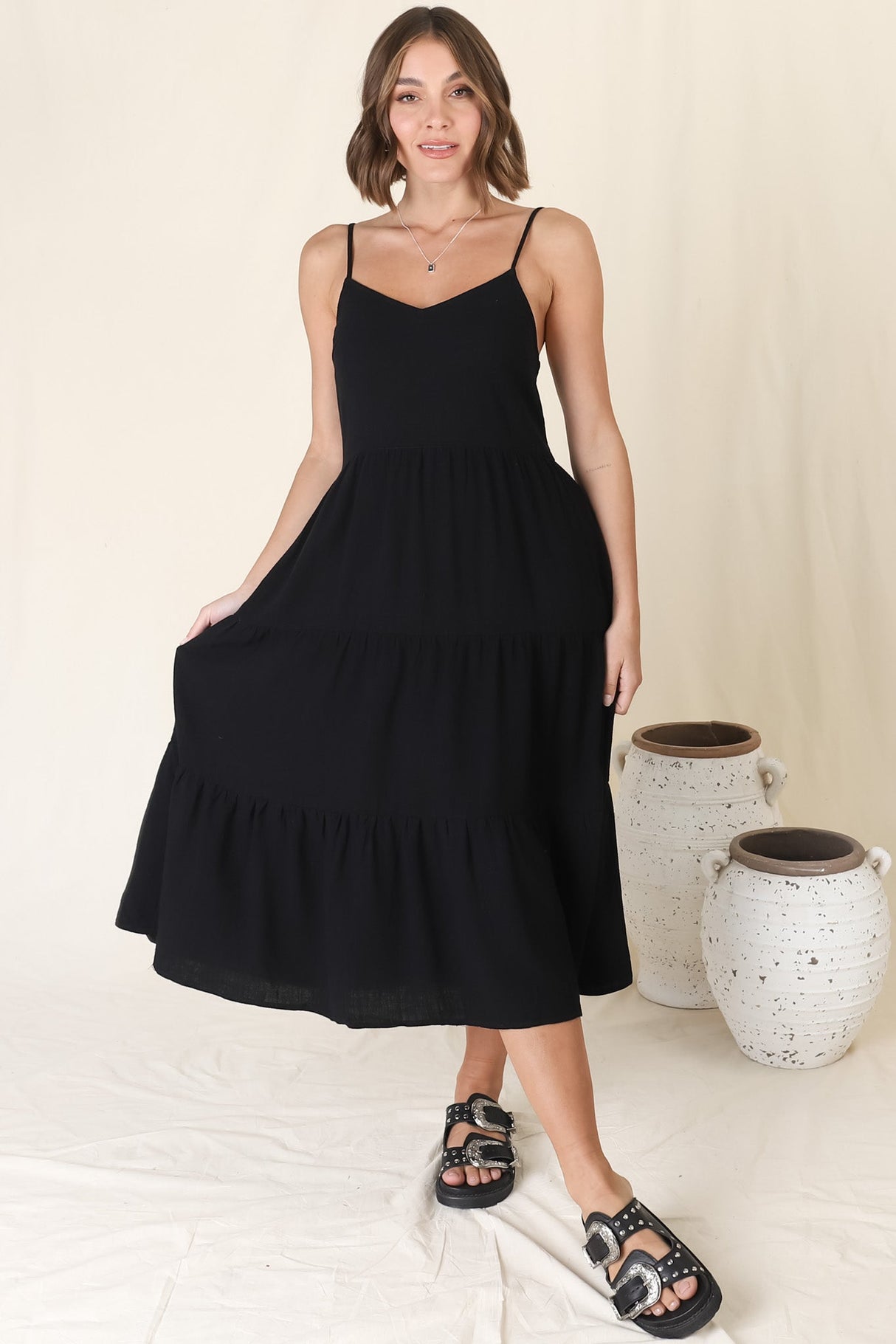 Arlowe Midi Dress - Soft V Neckline Tiered Linen Sun Dress in Black