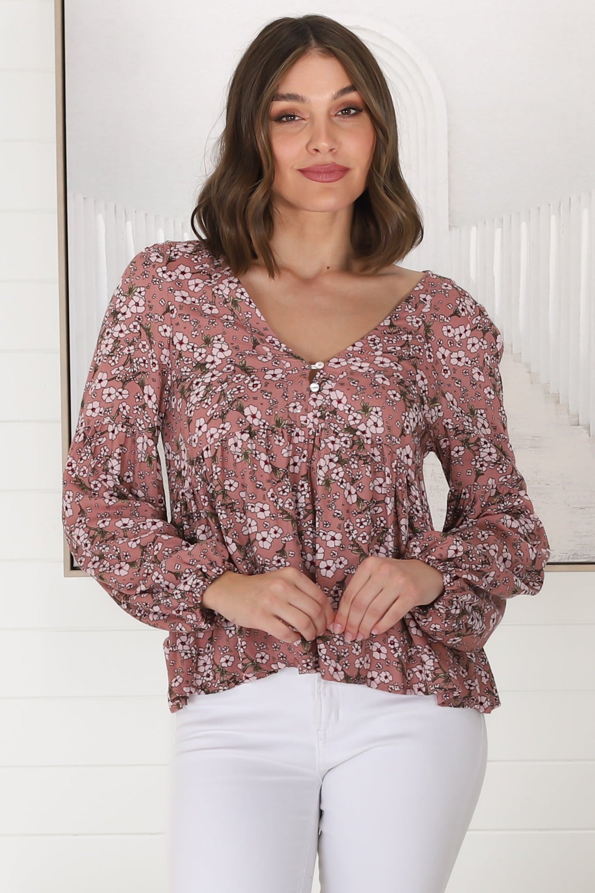 Grace Top - V-Neck Button Decal Long Sleeve Smock Top in Alayna Print Rose