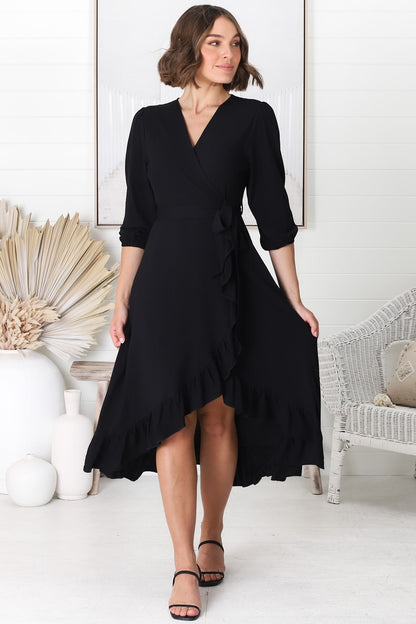Odilah Midi Dress - 3/4 Sleeve Wrap Dress in Black