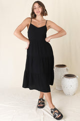 Arlowe Midi Dress - Soft V Neckline Tiered Linen Sun Dress in Black