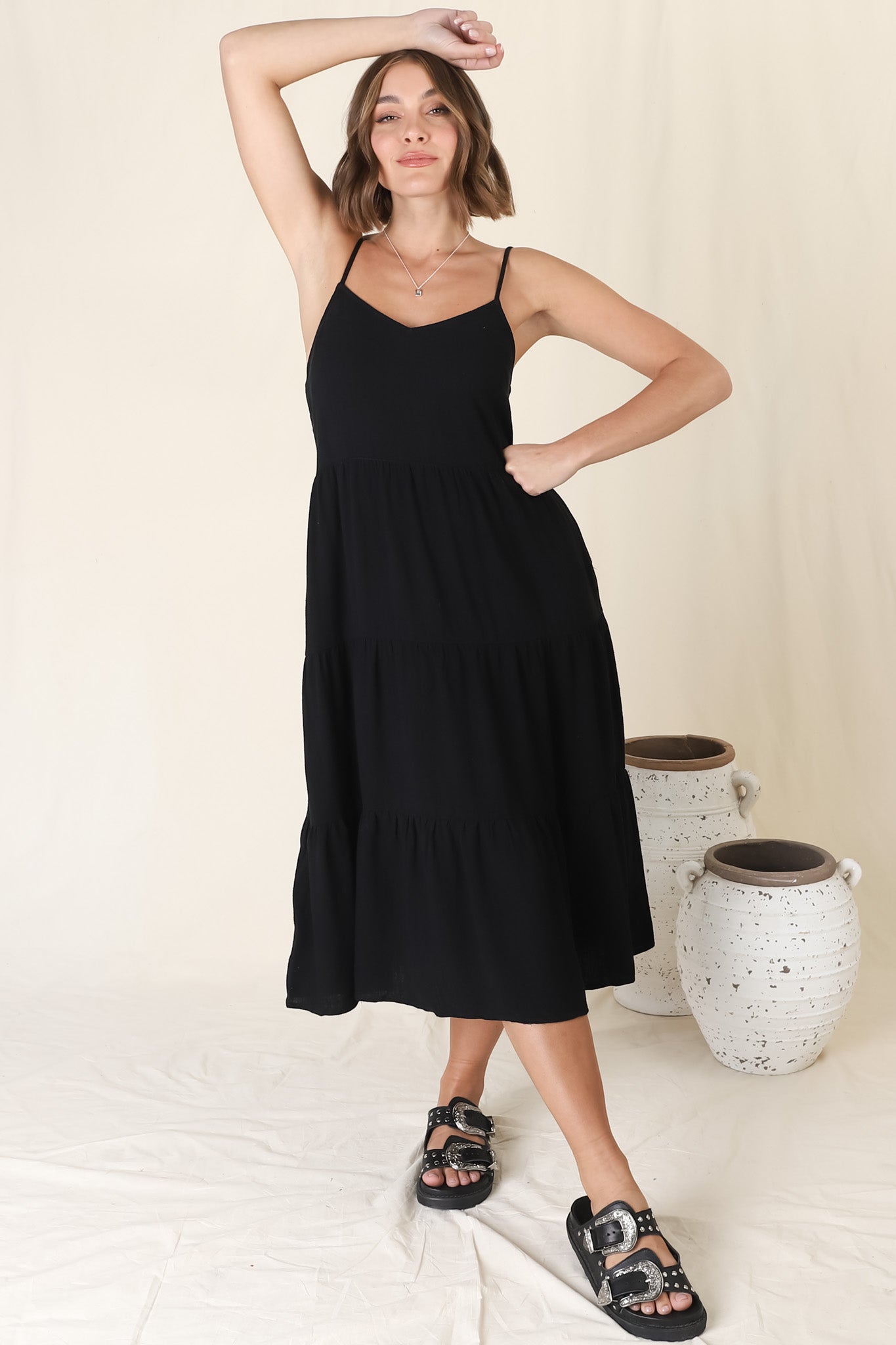 Arlowe Midi Dress - Soft V Neckline Tiered Linen Sun Dress in Black