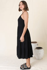 Arlowe Midi Dress - Soft V Neckline Tiered Linen Sun Dress in Black