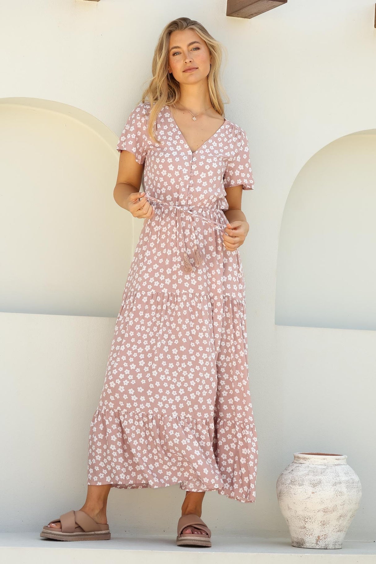 Gellina Maxi Dress - Pull In Waist A Line Dress with Cap Sleeves in Fawn