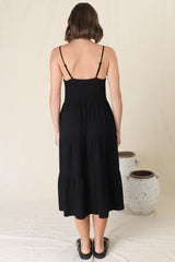 Arlowe Midi Dress - Soft V Neckline Tiered Linen Sun Dress in Black