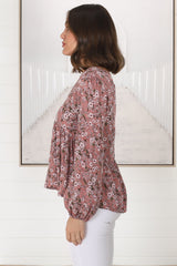 Grace Top - V-Neck Button Decal Long Sleeve Smock Top in Alayna Print Rose