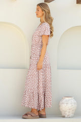 Gellina Maxi Dress - Pull In Waist A Line Dress with Cap Sleeves in Fawn