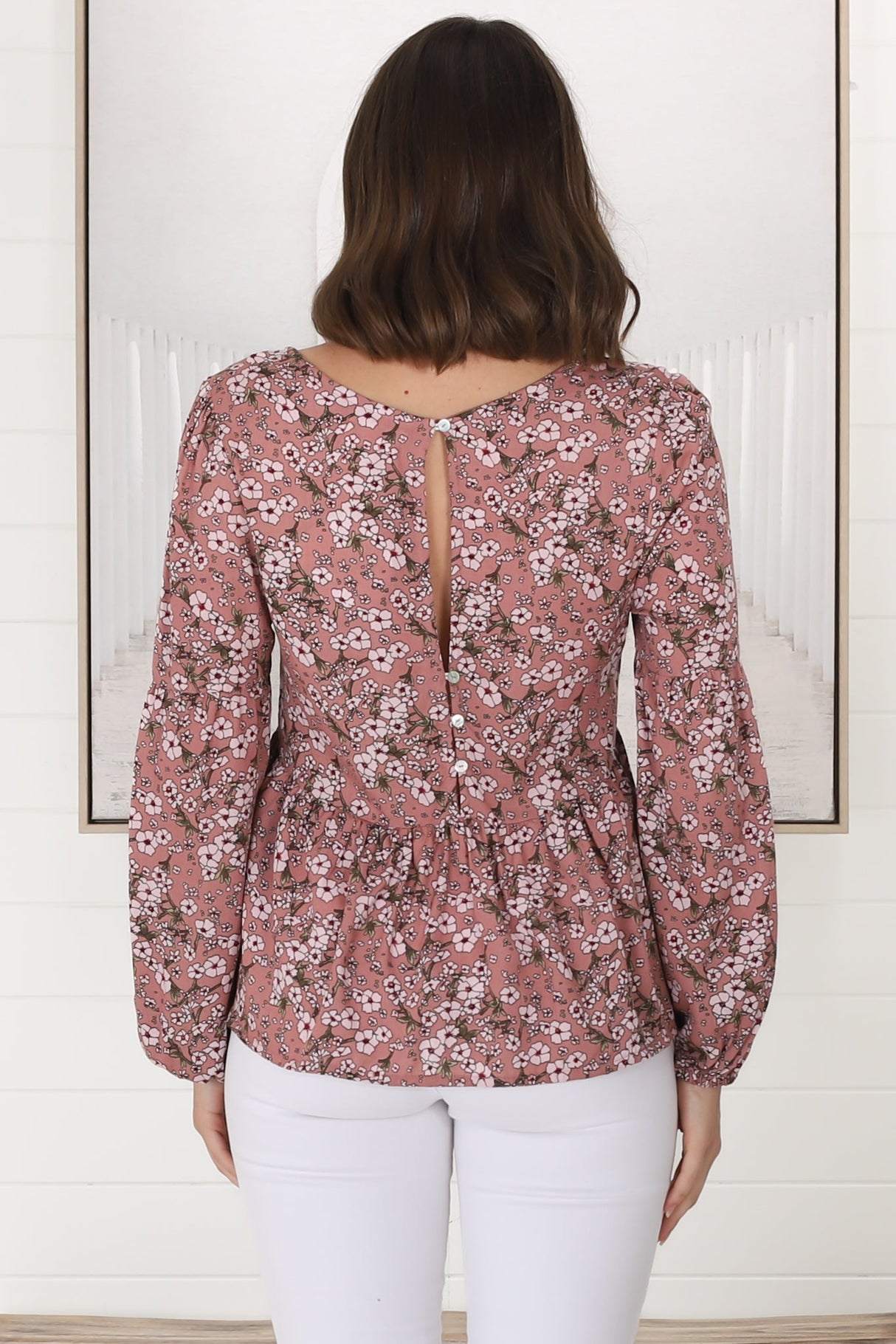 Grace Top - V-Neck Button Decal Long Sleeve Smock Top in Alayna Print Rose