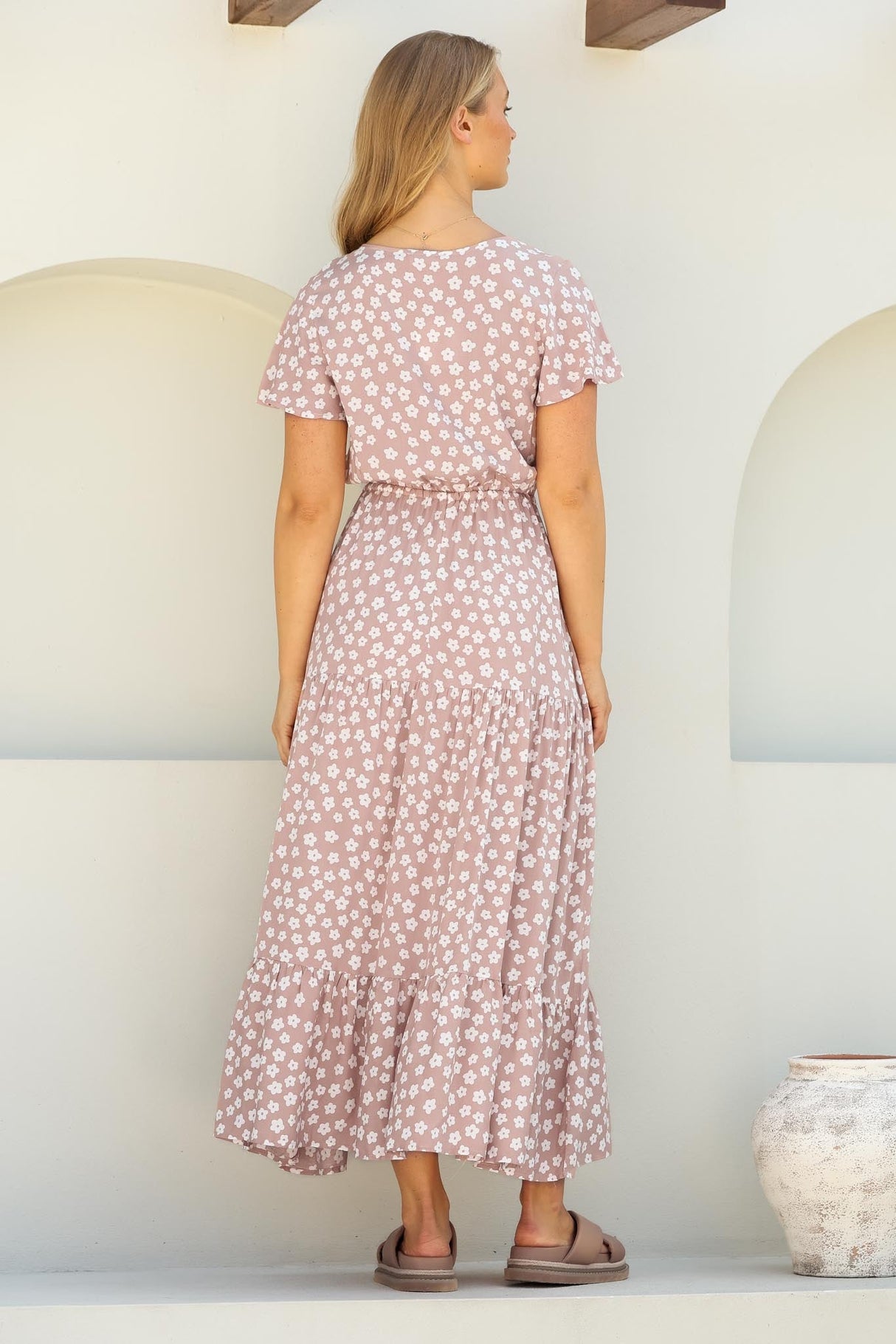 Gellina Maxi Dress - Pull In Waist A Line Dress with Cap Sleeves in Fawn