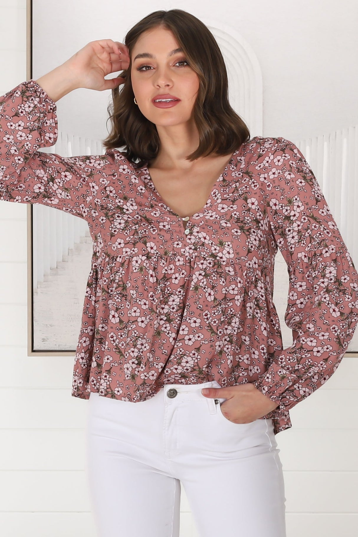 Grace Top - V-Neck Button Decal Long Sleeve Smock Top in Alayna Print Rose