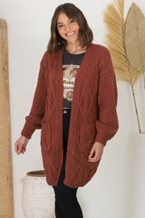 Matty Cardigan - Cable Knit Open Knit Cardigan with Pockets in Wine