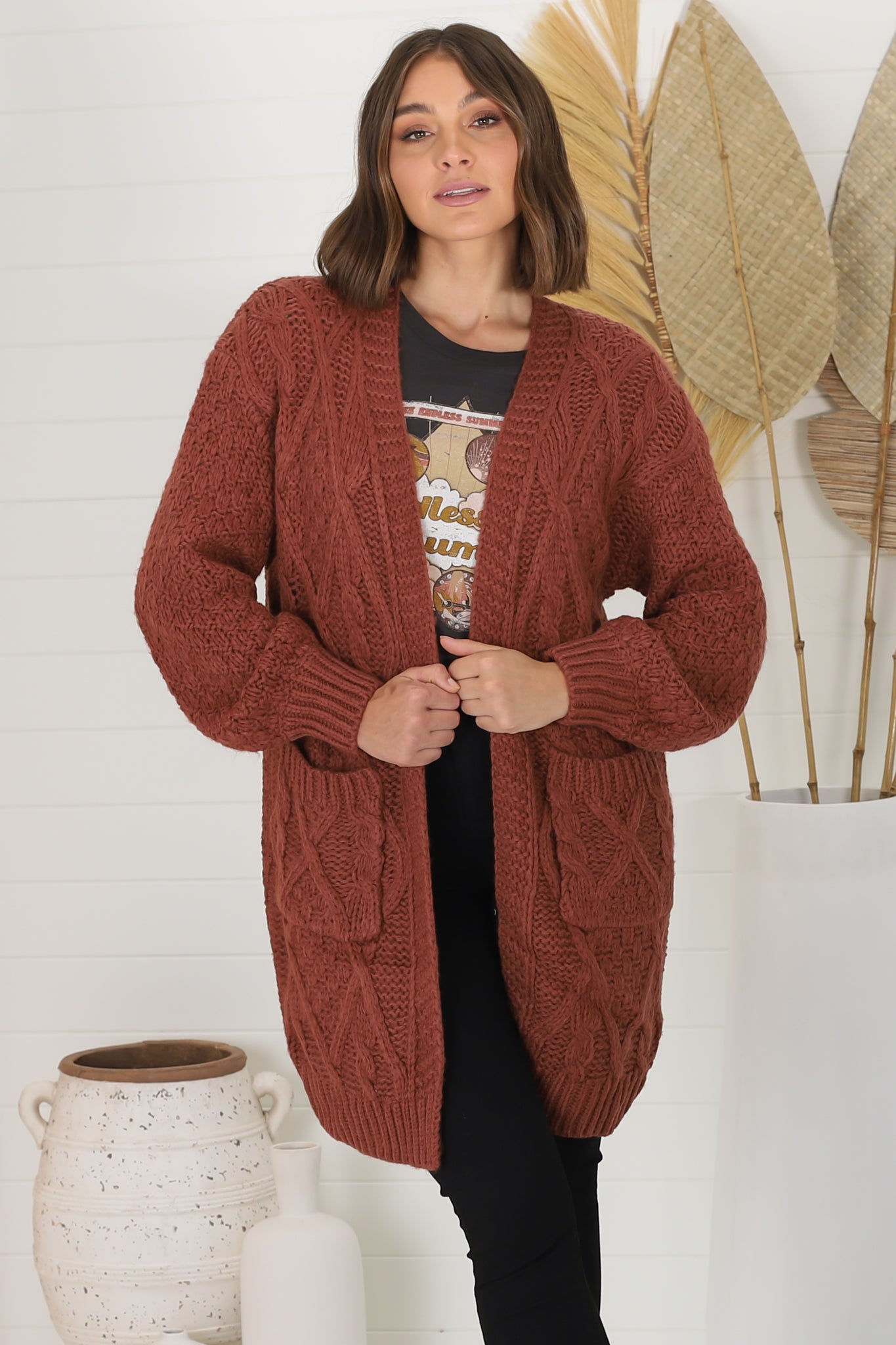 Matty Cardigan - Cable Knit Open Knit Cardigan with Pockets in Wine