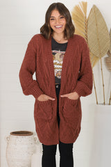 Matty Cardigan - Cable Knit Open Knit Cardigan with Pockets in Wine