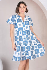 Hasley Mini Dress - Bermuda Collared Button Down Dress with Cap Sleeves in Flux Print Blue