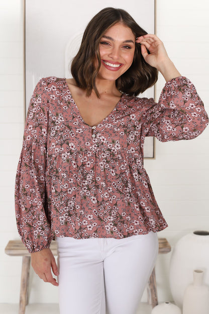 Grace Top - V-Neck Button Decal Long Sleeve Smock Top in Alayna Print Rose