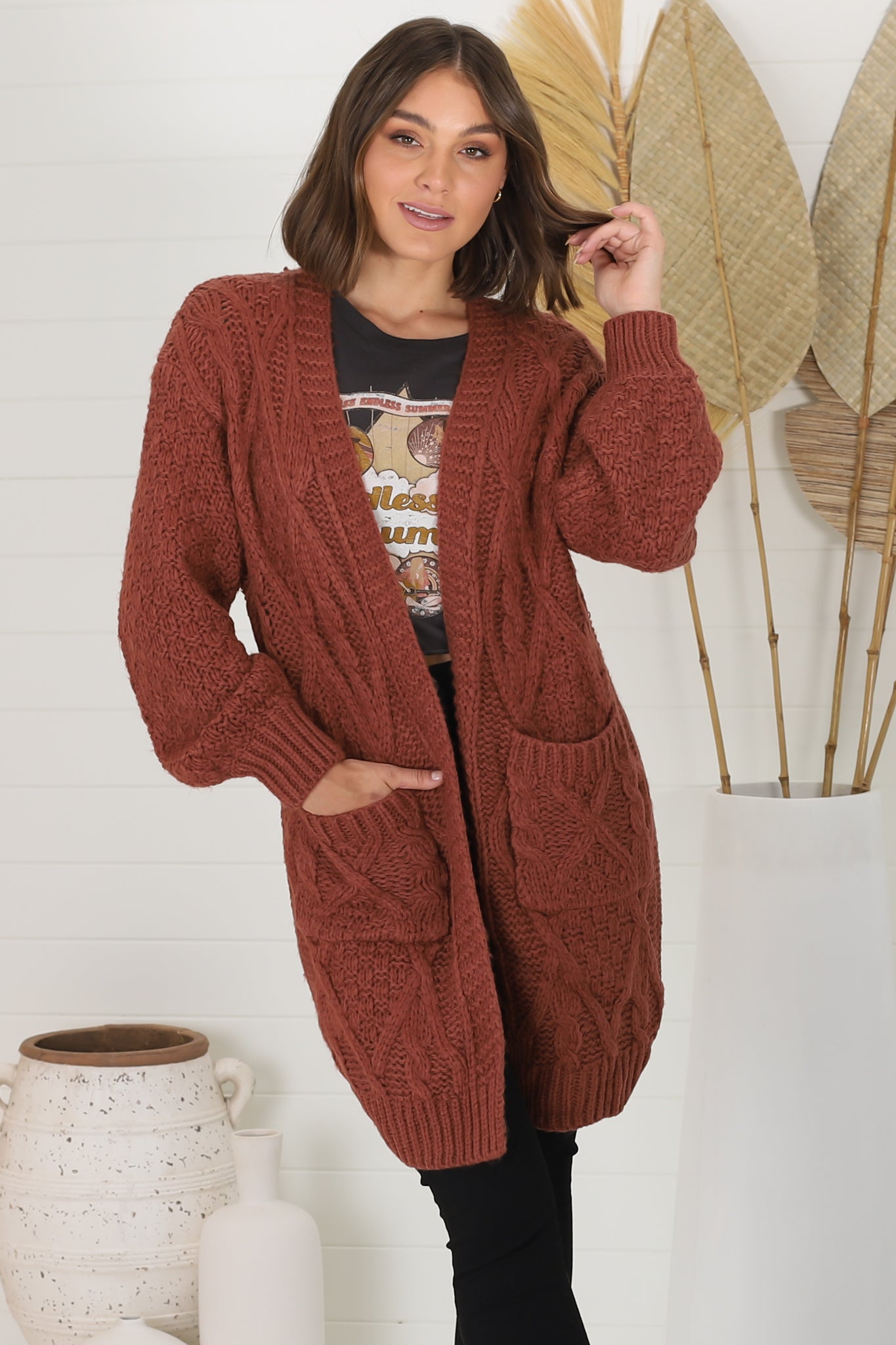 Matty Cardigan - Cable Knit Open Knit Cardigan with Pockets in Wine