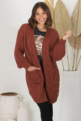 Matty Cardigan - Cable Knit Open Knit Cardigan with Pockets in Wine