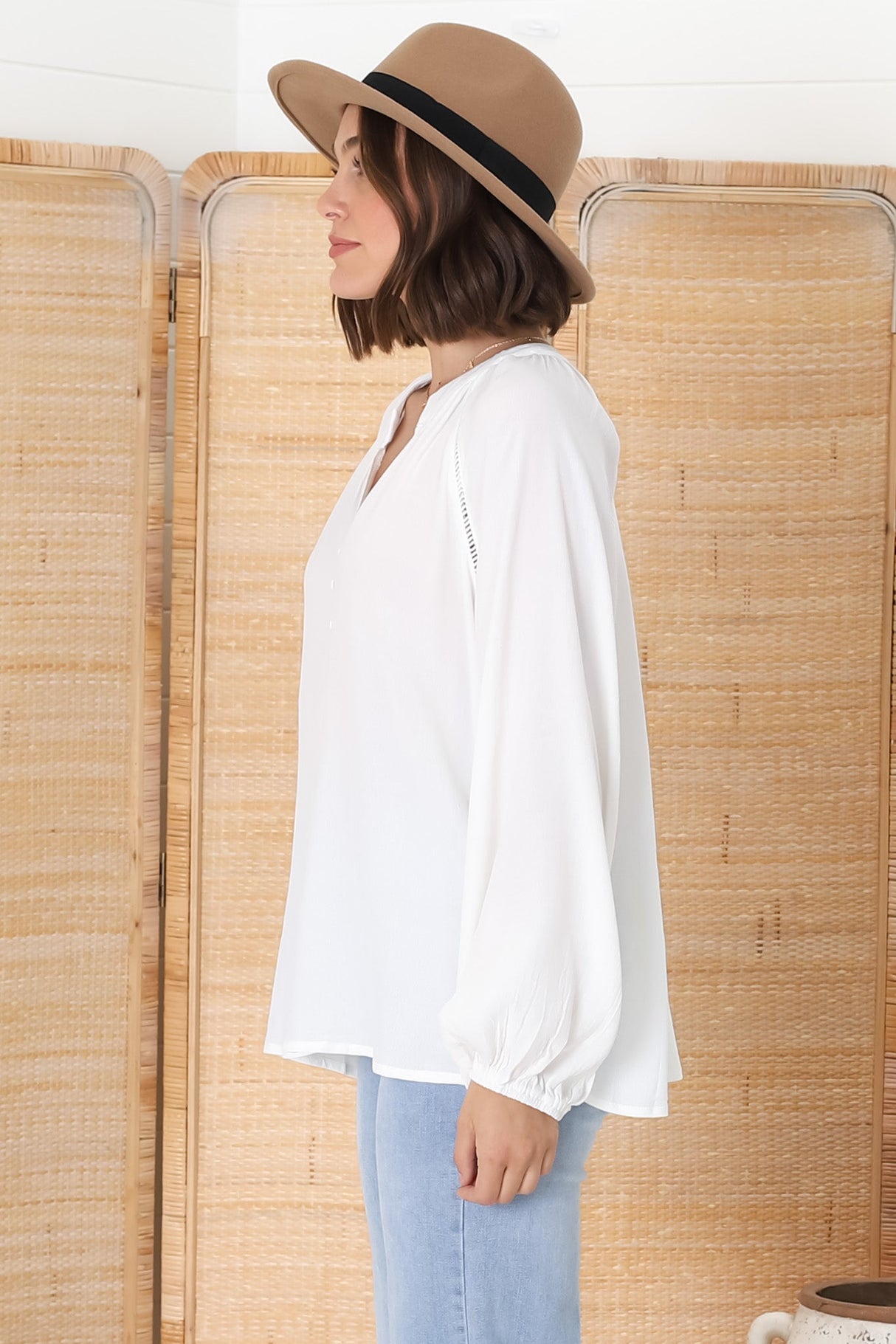 Magah Top - Buttoned Bodice Long Sleeve Slimline Smock Top in White
