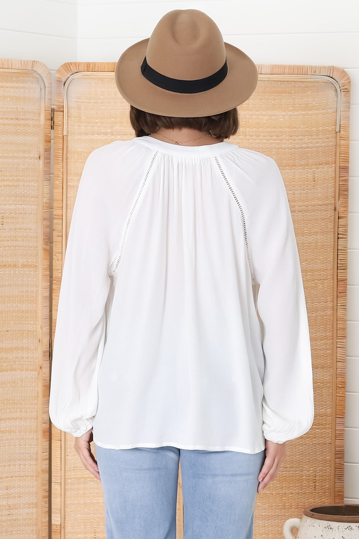 Magah Top - Buttoned Bodice Long Sleeve Slimline Smock Top in White