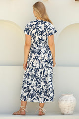 Tea Midi Dress - Pull In V Neckline Dress with Cap Sleeves in Charis Print Blue