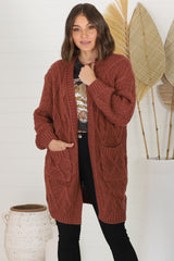 Matty Cardigan - Cable Knit Open Knit Cardigan with Pockets in Wine