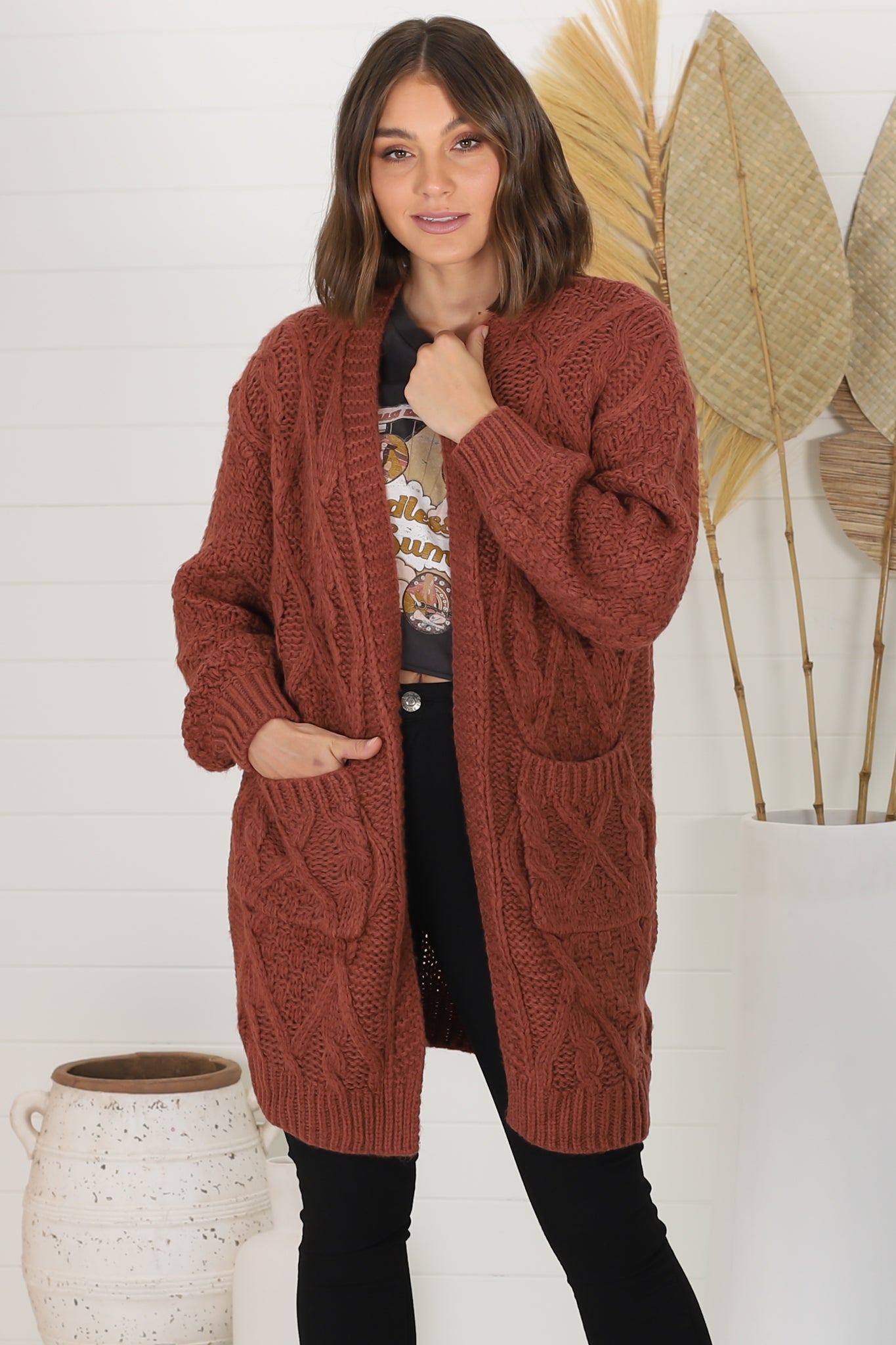 Matty Cardigan - Cable Knit Open Knit Cardigan with Pockets in Wine