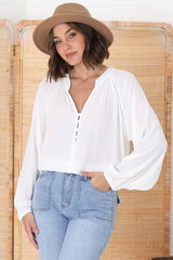 Magah Top - Buttoned Bodice Long Sleeve Slimline Smock Top in White