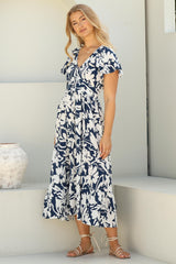 Tea Midi Dress - Pull In V Neckline Dress with Cap Sleeves in Charis Print Blue