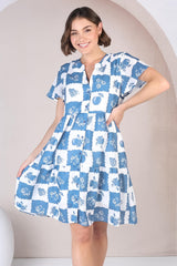 Hasley Mini Dress - Bermuda Collared Button Down Dress with Cap Sleeves in Flux Print Blue