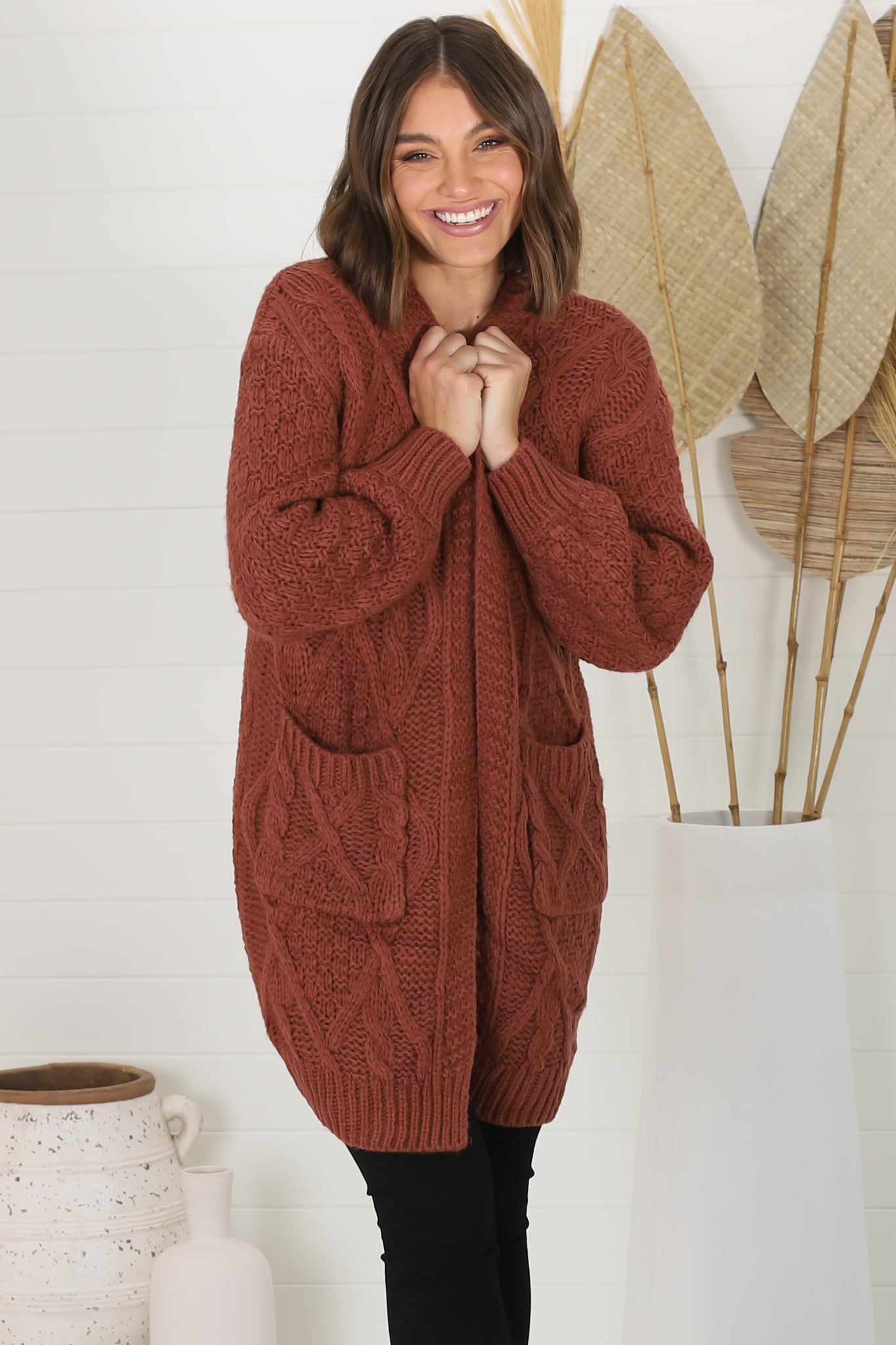 Matty Cardigan - Cable Knit Open Knit Cardigan with Pockets in Wine