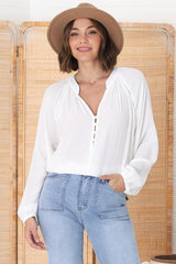 Magah Top - Buttoned Bodice Long Sleeve Slimline Smock Top in White