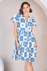 Hasley Mini Dress - Bermuda Collared Button Down Dress with Cap Sleeves in Flux Print Blue