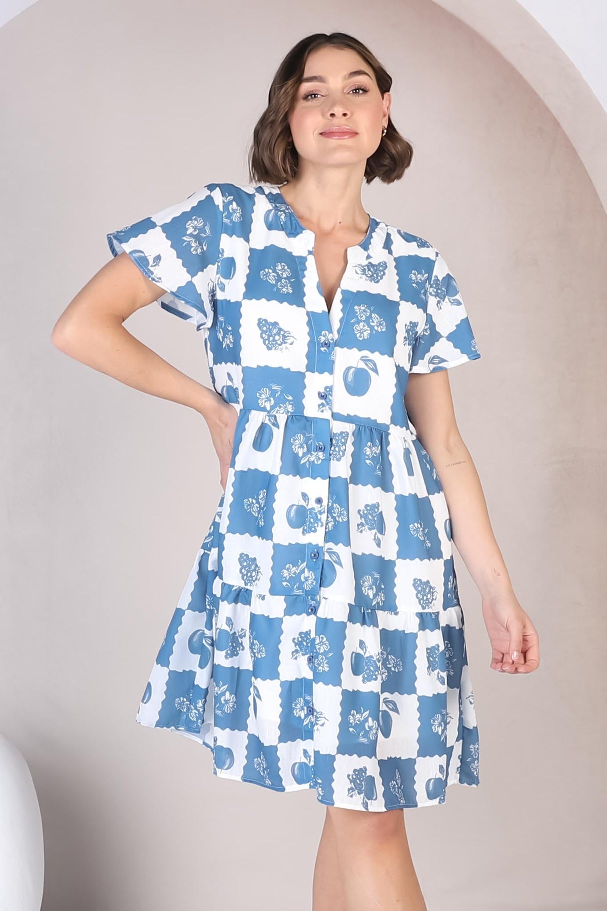 Hasley Mini Dress - Bermuda Collared Button Down Dress with Cap Sleeves in Flux Print Blue