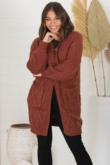 Matty Cardigan - Cable Knit Open Knit Cardigan with Pockets in Wine