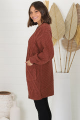 Matty Cardigan - Cable Knit Open Knit Cardigan with Pockets in Wine