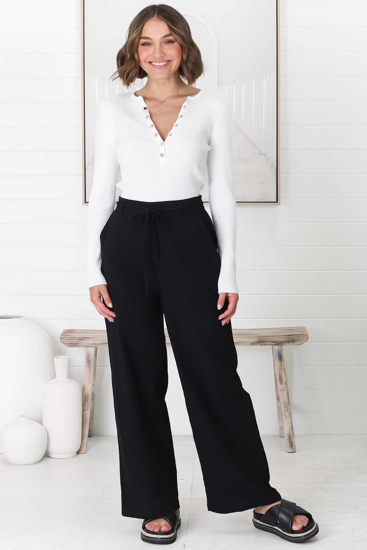 Roswell Pants - Cotton Wide Leg Pant with Plaited Belt in Black