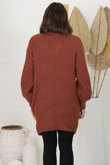 Matty Cardigan - Cable Knit Open Knit Cardigan with Pockets in Wine