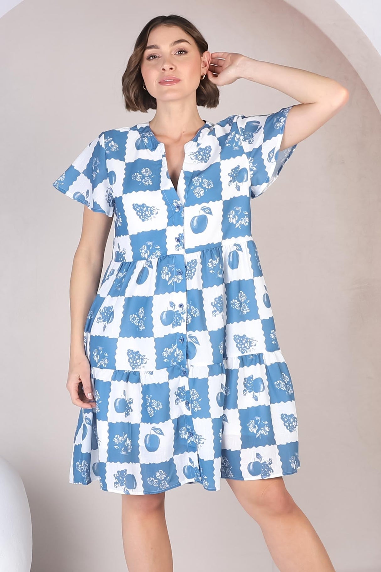 Hasley Mini Dress - Bermuda Collared Button Down Dress with Cap Sleeves in Flux Print Blue