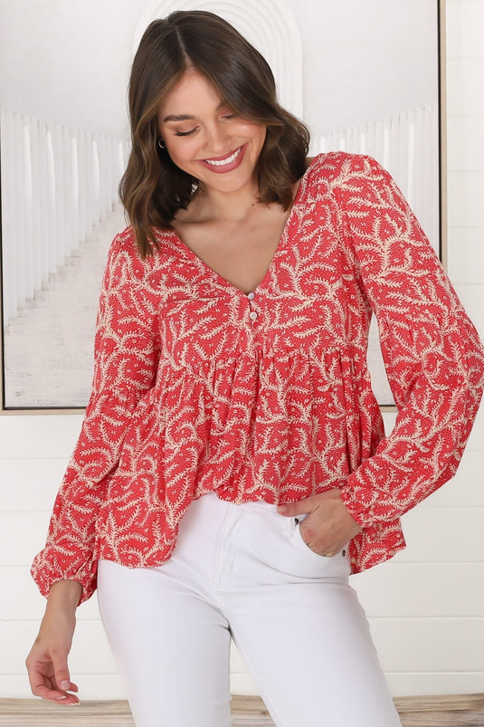 Grace Top - V-Neck Button Decal Long Sleeve Smock Top in Ally Print