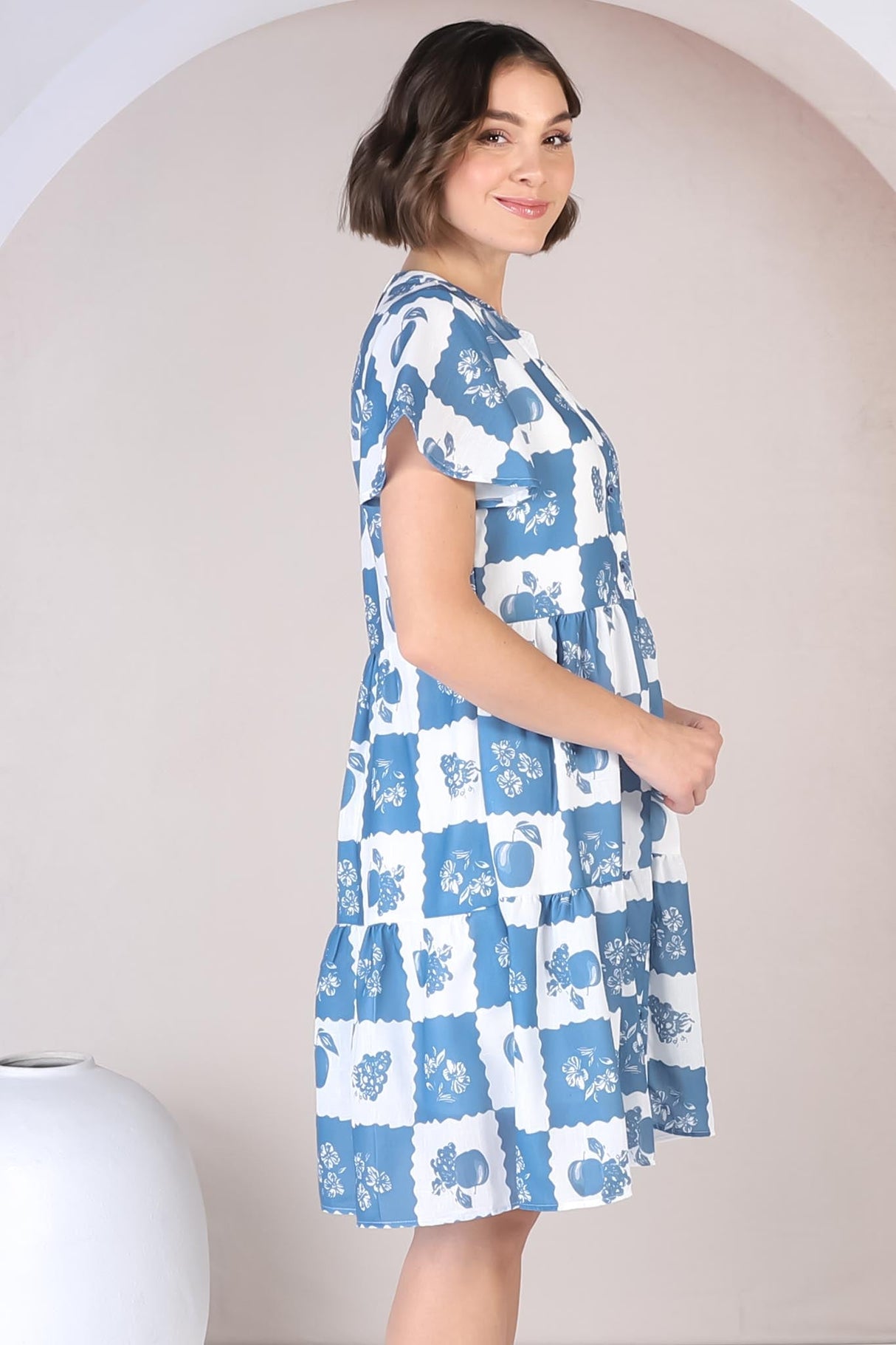 Hasley Mini Dress - Bermuda Collared Button Down Dress with Cap Sleeves in Flux Print Blue