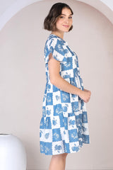 Hasley Mini Dress - Bermuda Collared Button Down Dress with Cap Sleeves in Flux Print Blue