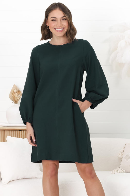 Ivanna Mini Dress - Crew Neck Shift Dress with Balloon Sleeves in Emerald