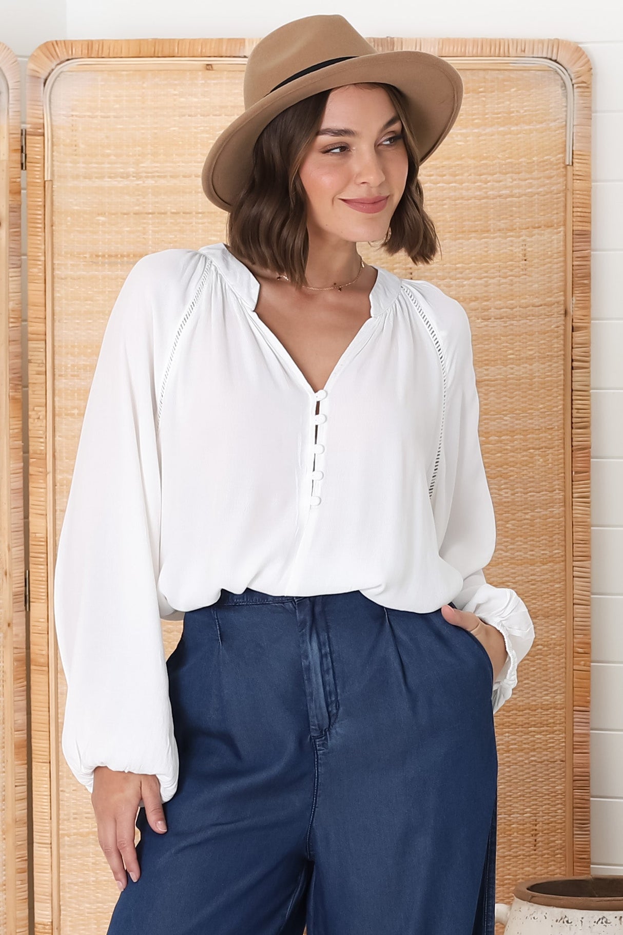 Magah Top - Buttoned Bodice Long Sleeve Slimline Smock Top in White
