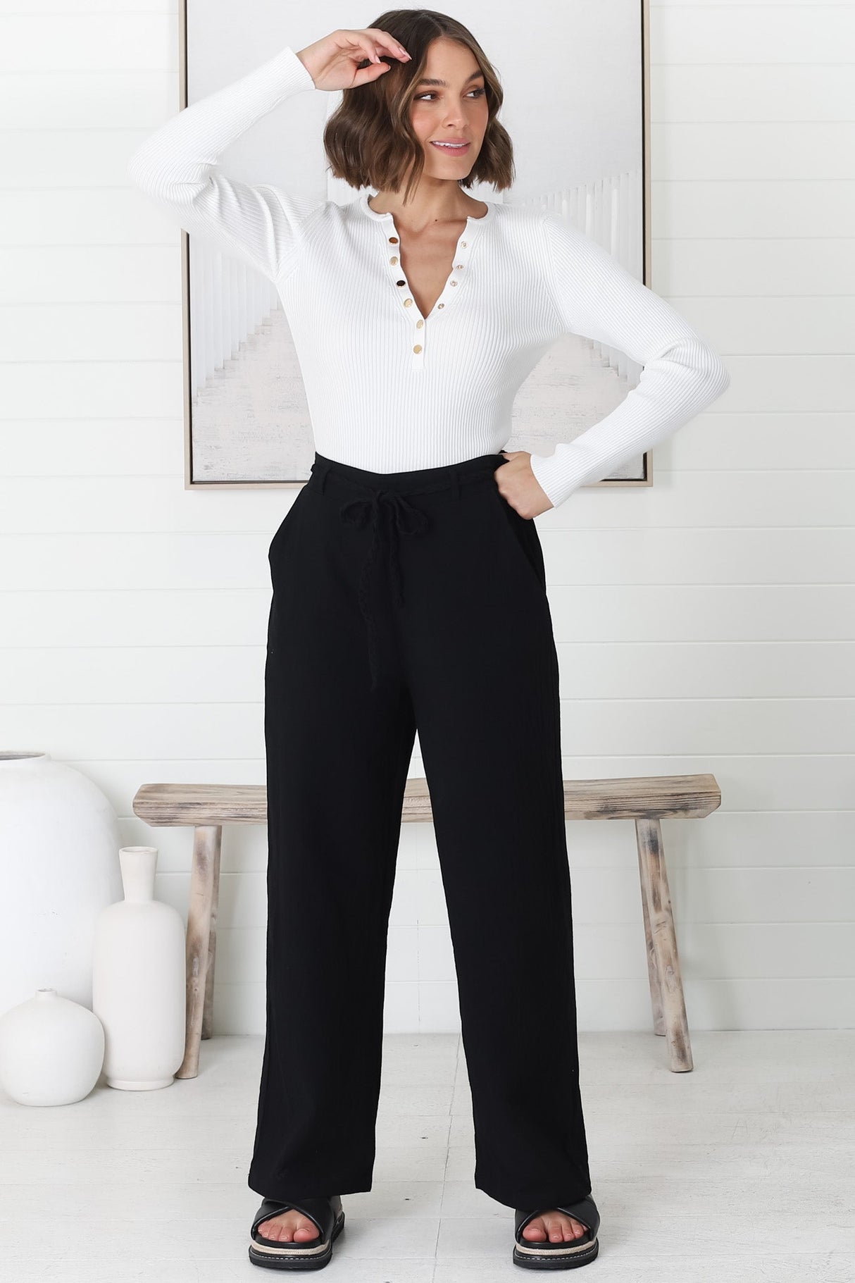 Roswell Pants - Cotton Wide Leg Pant with Plaited Belt in Black