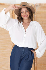 Magah Top - Buttoned Bodice Long Sleeve Slimline Smock Top in White