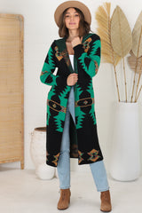 Quest Cardigan - Hooded Long Line Graphic Cardigan in Black