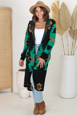 Quest Cardigan - Hooded Long Line Graphic Cardigan in Black