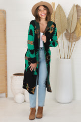 Quest Cardigan - Hooded Long Line Graphic Cardigan in Black