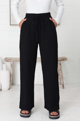 Roswell Pants - Cotton Wide Leg Pant with Plaited Belt in Black